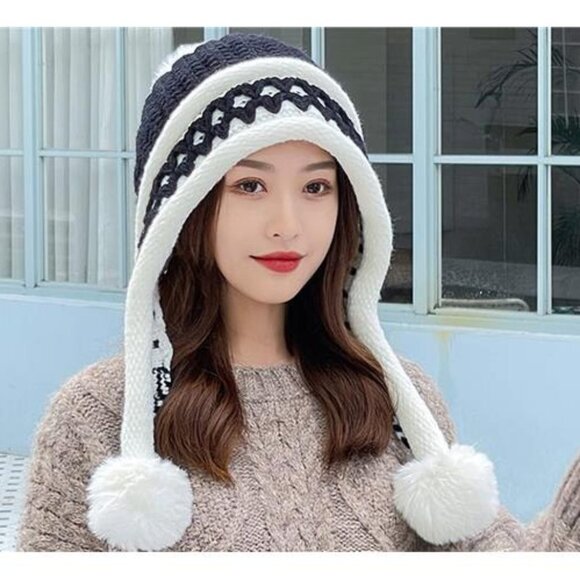 Black Pompom Cable Knit Peruvian Beanie Hat Fluffy Slouchy Winter Trapper Hat - Picture 3 of 4